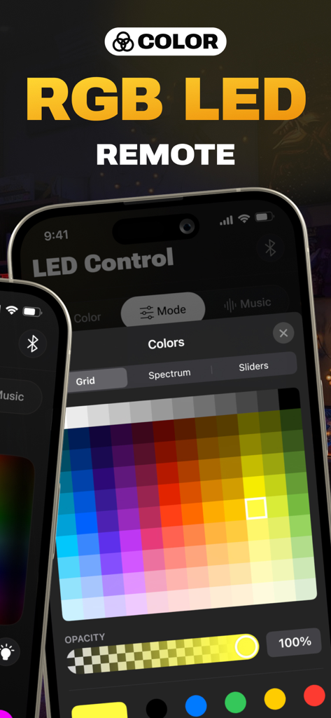 Interface d'application mobile pour la télécommande LED montrant une grille d'options de couleurs et des curseurs d'opacité