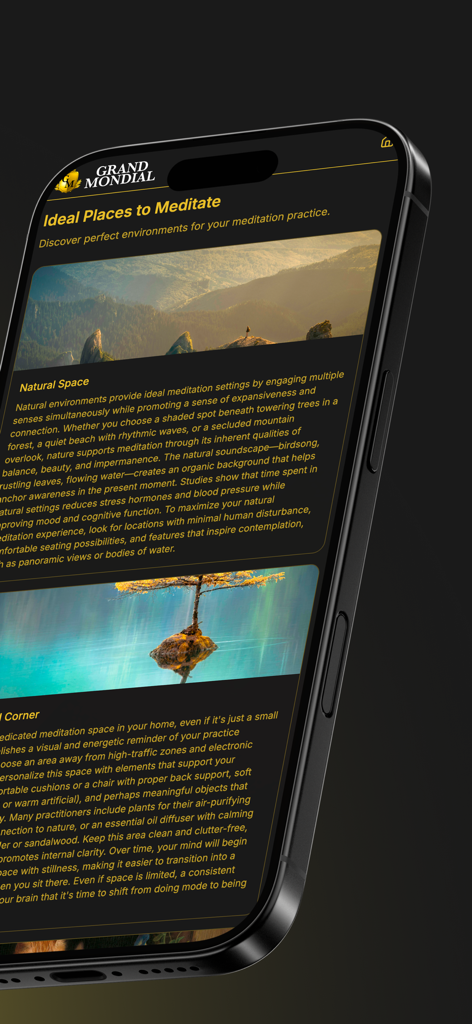 Grand Mondial Mobile - 自然空間などの瞑想に理想的な場所に関するガイドを示すGrand Mondialアプリのスクリーンショット。