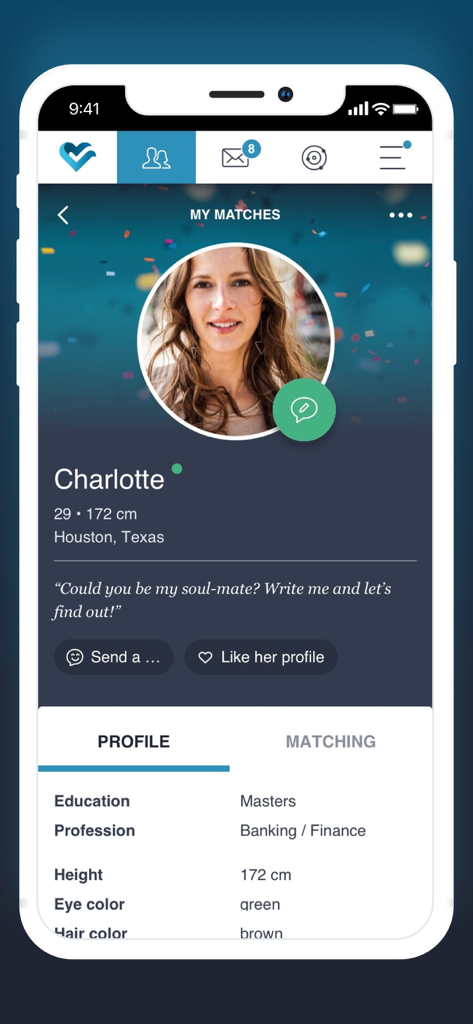 Academic Singles - User profile of a match on the Academic Singles dating app showing educational and professional background