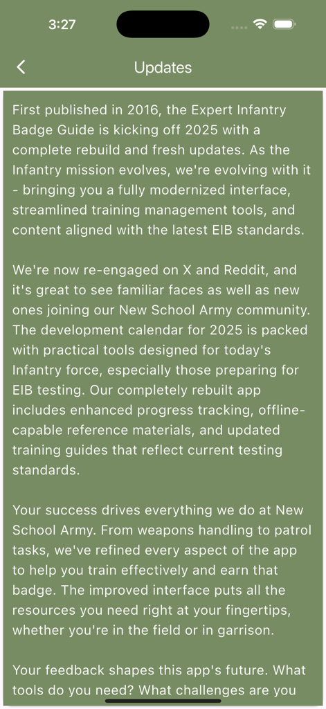 Army Ranger Handbook Trainer - Updates screen for the Army Ranger Handbook Trainer app describing new training features