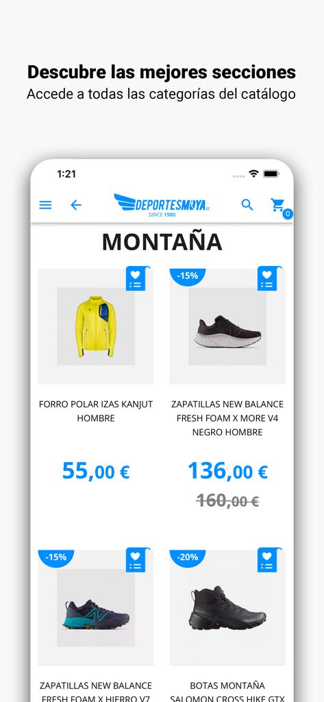 Deportes Moya - Interfaz de la app móvil Deportes Moya que muestra la categoría de deportes de montaña con ropa y calzado de exterior en oferta.