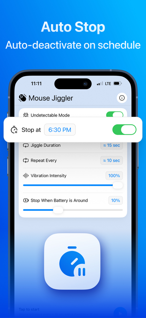 Mouse Jiggler – Cursor Mover - Interface of the Mouse Jiggler app showing the auto stop schedule and jiggle duration settings
