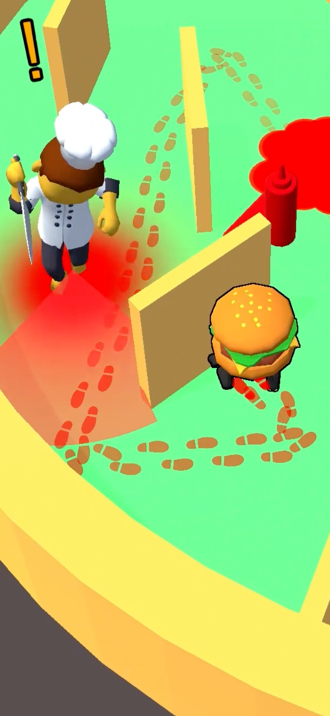 Um chef com um cone de visão a procurar um personagem de hambúrguer a esconder-se atrás de uma parede no Food Escaper