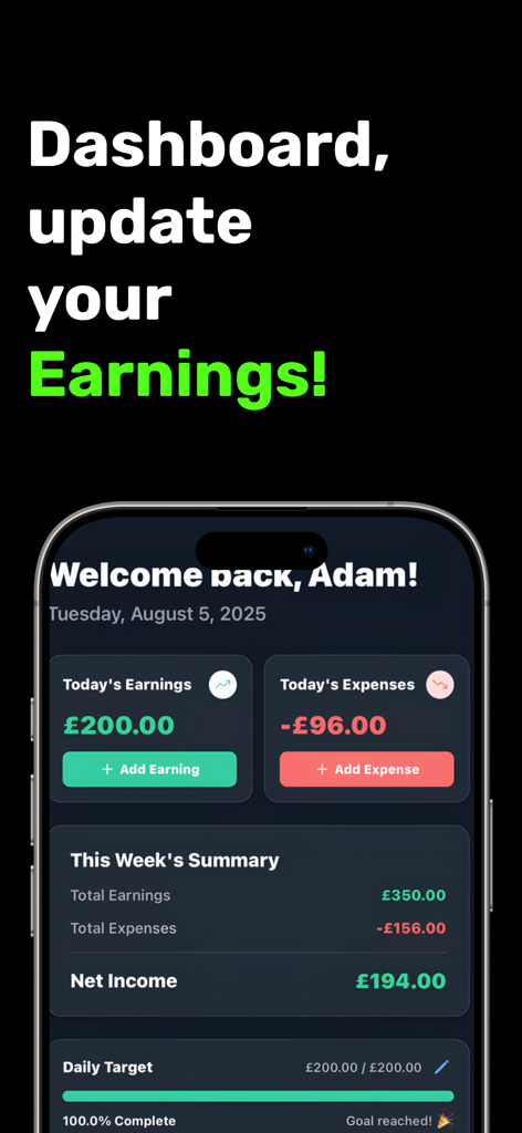 Taxi Log - Taxi Log app dashboard showing daily earnings and expenses for gig workers