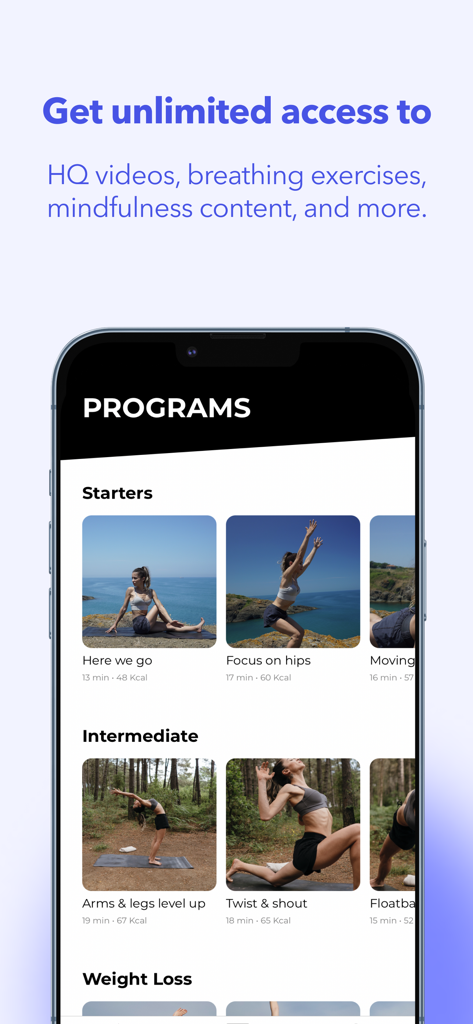 Meditopia Yoga - Pantalla de la aplicación Meditopia Yoga mostrando varios programas de yoga para principiantes y nivel intermedio