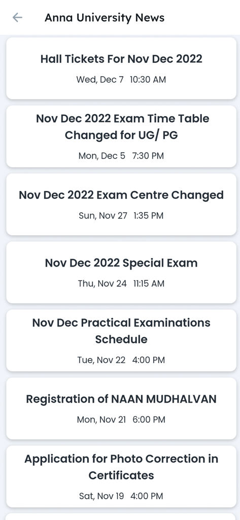 Padeepz - Anna University App - Screenshot of the Anna University news feed showing exam notifications and hall ticket updates in the Padeepz app