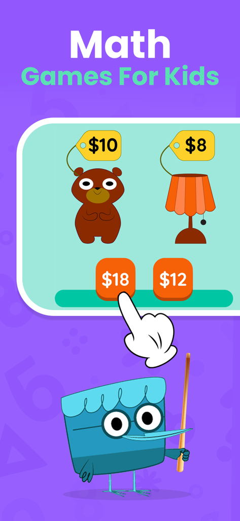 A kids math addition exercise from Skidos Doctor Games featuring a bear and lamp with price tags