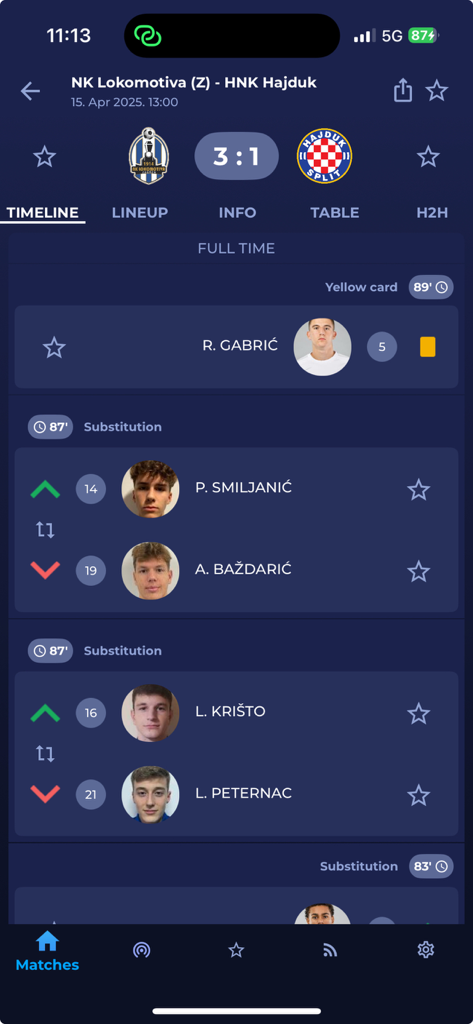 HNS SEMAFOR - HNS SEMAFOR app screen showing soccer match results and timeline events like substitutions and yellow cards