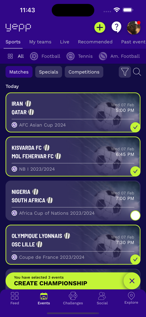 Yepp - Yepp app interface showing a list of upcoming football matches and a button to create a championship