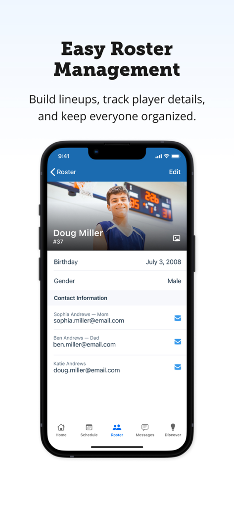 TeamSnap mobile app displaying a youth sports player roster profile with contact information and team details.