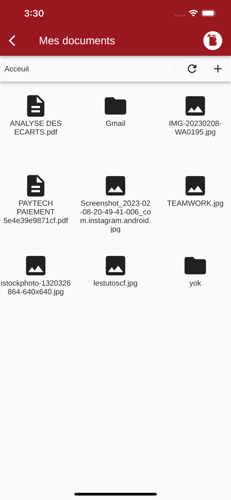 La pantalla 'mis documentos' de la aplicación móvil Bac en Poche Senegal mostrando varios tipos de archivos y carpetas.