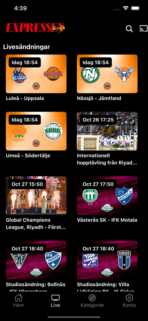Expressen Livesport - Interfaz de la aplicación Expressen Livesport mostrando próximas transmisiones en vivo de partidos de baloncesto y bandy suecos