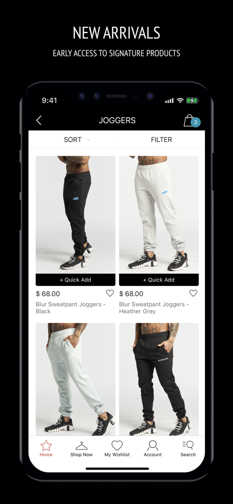Echt Apparel - Echt Apparel mobile app interface showing a selection of joggers with quick add buttons.