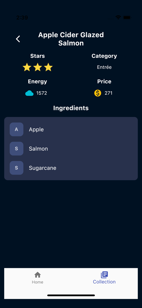 DLVGuide for Dreamlight - A screenshot of the DLV Guide app displaying the recipe details for Apple Cider Glazed Salmon including ingredients energy and sell price
