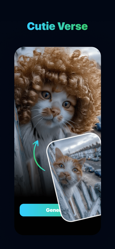 Sizzling - Interface do aplicativo móvel Sizzling AI mostrando um gato transformado com uma peruca ruiva cacheada usando o filtro Cutie Verse