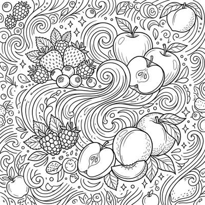 Immerse yourself in a dynamic orchard of sweet and tangy delights with this engaging coloring page. Designed for teens, it features a rich tapestry of apples, berries, and peaches intertwined with whimsical swirls, offering hours of creative fun.