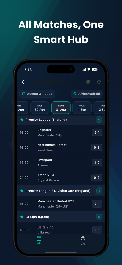 Crickly: Football Live Matches - Centro de partidos de la aplicación Crickly mostrando marcadores de fútbol en vivo para partidos de la Premier League y La Liga