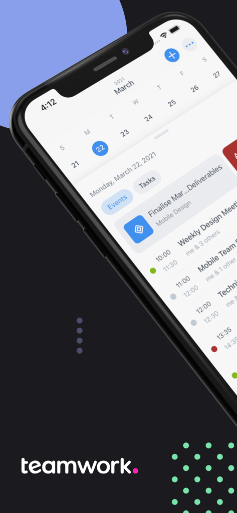 An iPhone displaying the Teamwork app schedule with events and tasks for project management.