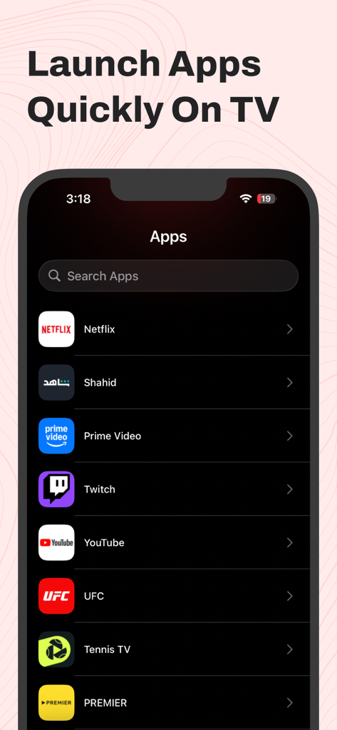 App interface showing quick launch shortcuts for streaming services on an LG TV