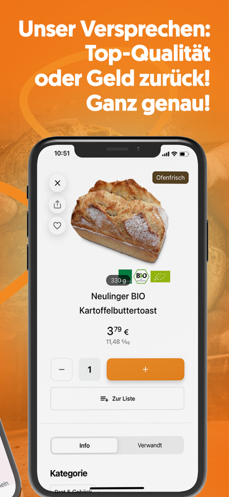 Smartphone screen showing the Knuspr app with an organic bread product page and a quality satisfaction guarantee