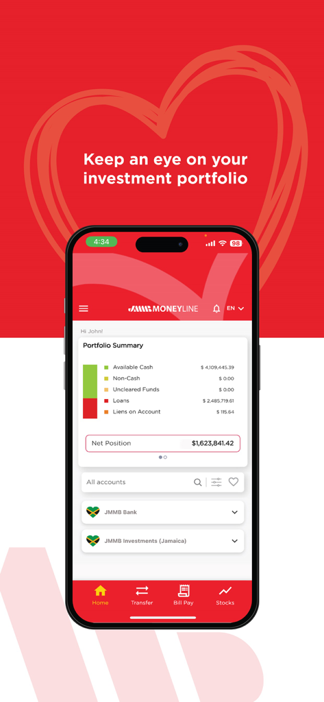 JMMB Moneyline app showing an investment portfolio summary with net position and account balances