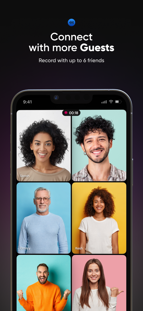 Zencastr - Zencastr mobile app interface showing a 6-person video podcast recording grid