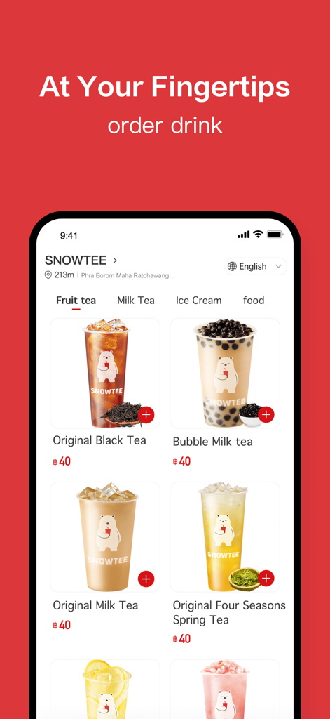 SNOWTEE - Interface of the SNOWTEE mobile app showing various bubble tea and fruit tea options for easy ordering