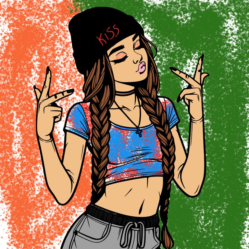 realistic teenage girl with braids and a beanie and crop top doing 🫶🏼
