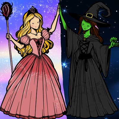 detailed realistic split of a princess and a witch