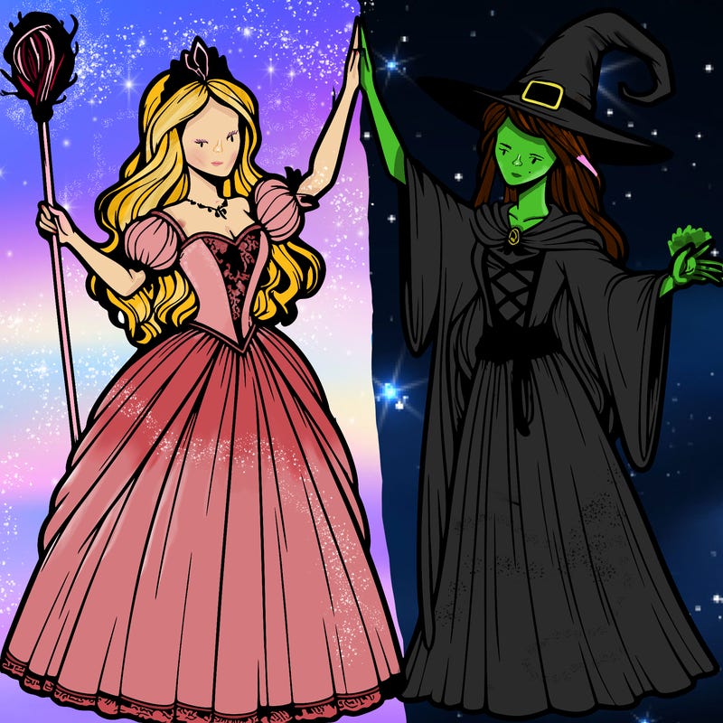 detailed realistic split of a princess and a witch