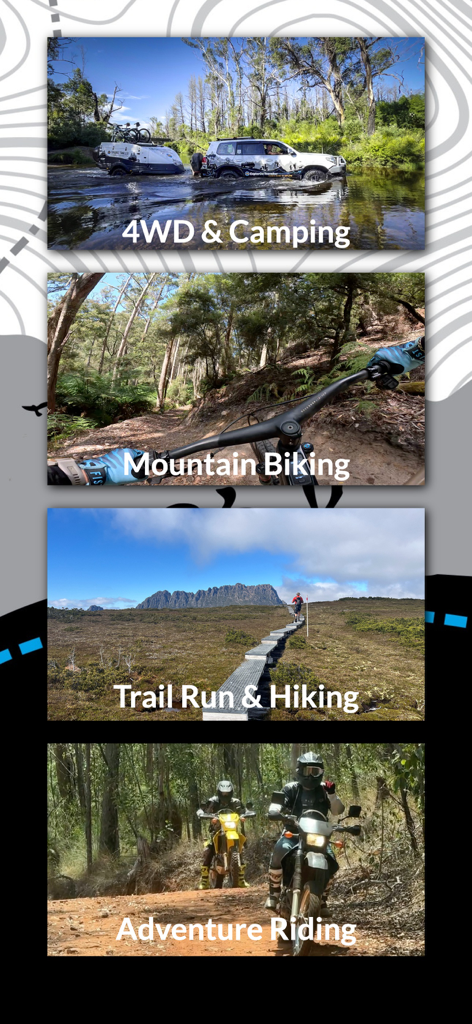 ExplorOz Traveller - Collage showcasing outdoor activities including 4WD camping mountain biking trail running hiking and adventure riding