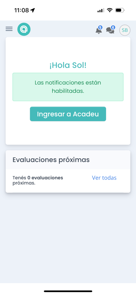 Acadeu - Acadeu school management app home screen with welcome message and academic overview