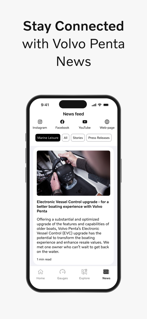 News feed screen in the Volvo Penta Easy Connect app showing boating updates and social media links