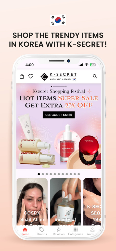 K-SECRET - Schermata principale dell'app mobile K-SECRET con prodotti di bellezza coreani e un banner promozionale per gli appassionati di K-Beauty.