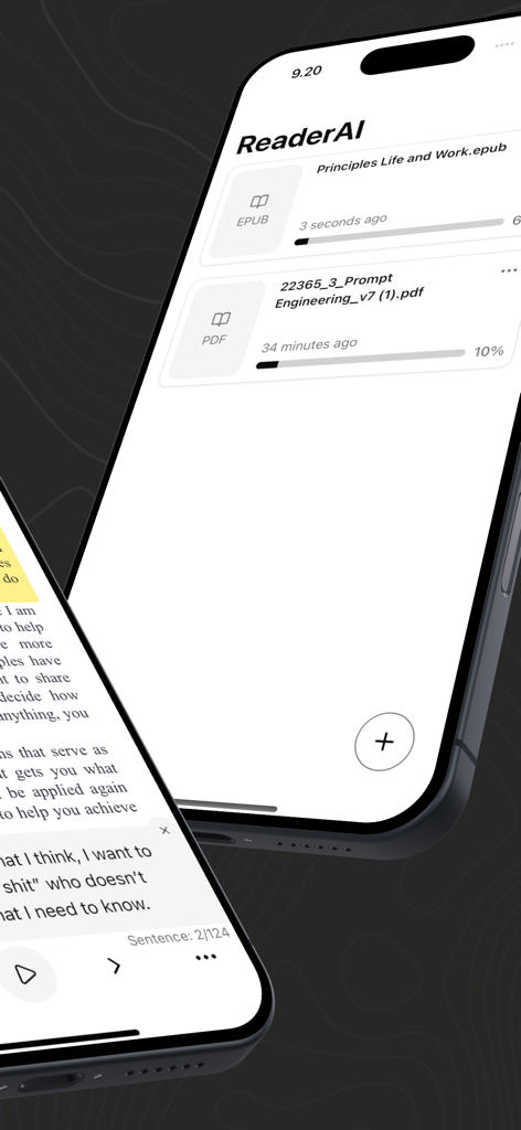 AI Reader: Read Aloud Pdf Book - Interface da aplicação móvel ReaderAI a mostrar uma biblioteca de documentos com ficheiros PDF e EPUB e um ecrã de leitura de texto para voz.
