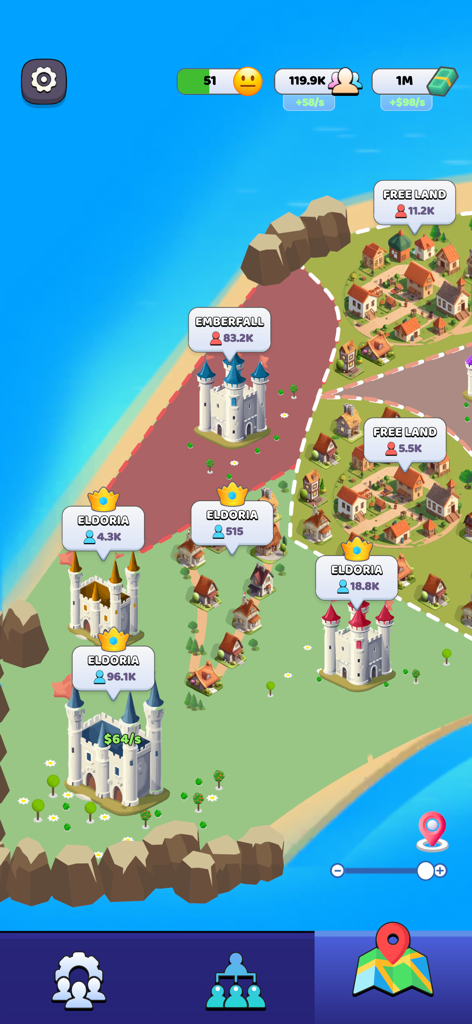 Kingdom Life! - A top down view of the Kingdom Life mobile game map showing various territories like Eldoria and Emberfall with castles and villages