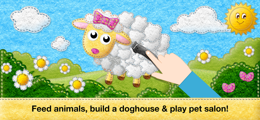 Toddler game interface showing a hand shearing a felt sheep in a farm field