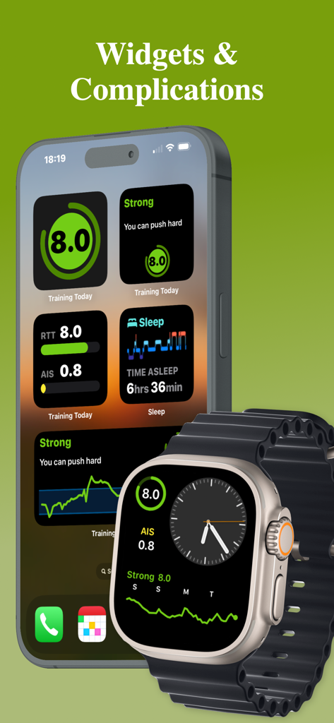 Training Today - iPhone y Apple Watch mostrando widgets de Training Today y complicaciones de "listo para entrenar"