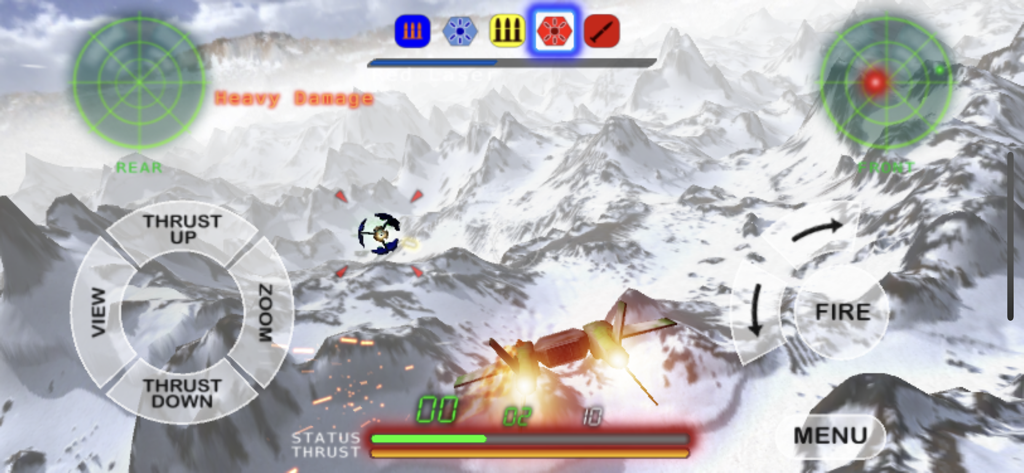In-game combat scene from Nemesis featuring a spaceship flying over snowy mountain peaks.