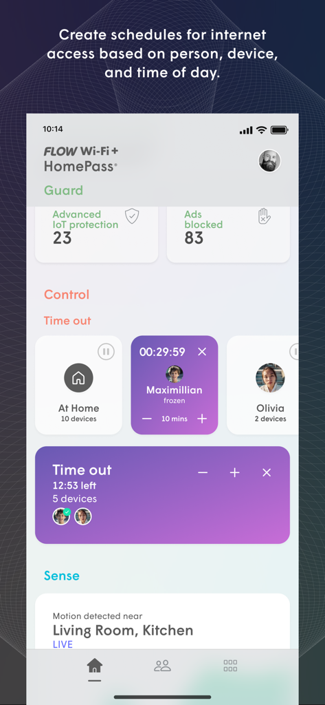 Flow Wi-Fi+ - Tela do aplicativo móvel Flow Wi-Fi plus para agendamento de acesso à internet e gerenciamento de dispositivos conectados.