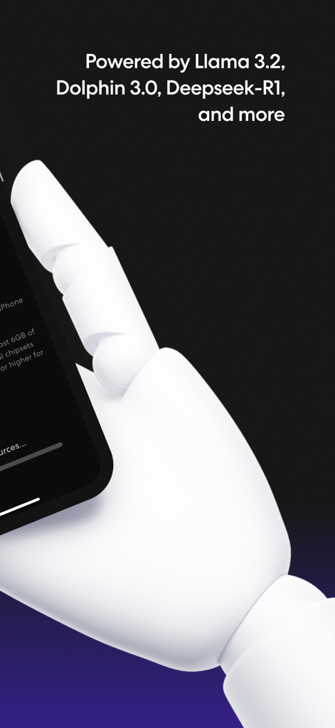 Una mano robótica sosteniendo un teléfono inteligente que muestra modelos de IA compatibles, incluidos Llama 3.2 y Deepseek-R1.