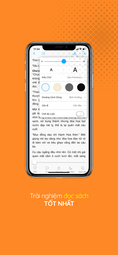 Tea Book app interface showing reading customization settings like font size, background color, and line spacing.