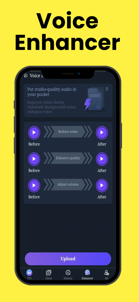 MicVoice Ai - Interfaz de la aplicación MicVoice AI que muestra la función Voice Enhancer con opciones de reducción de ruido y mejora de la calidad del audio