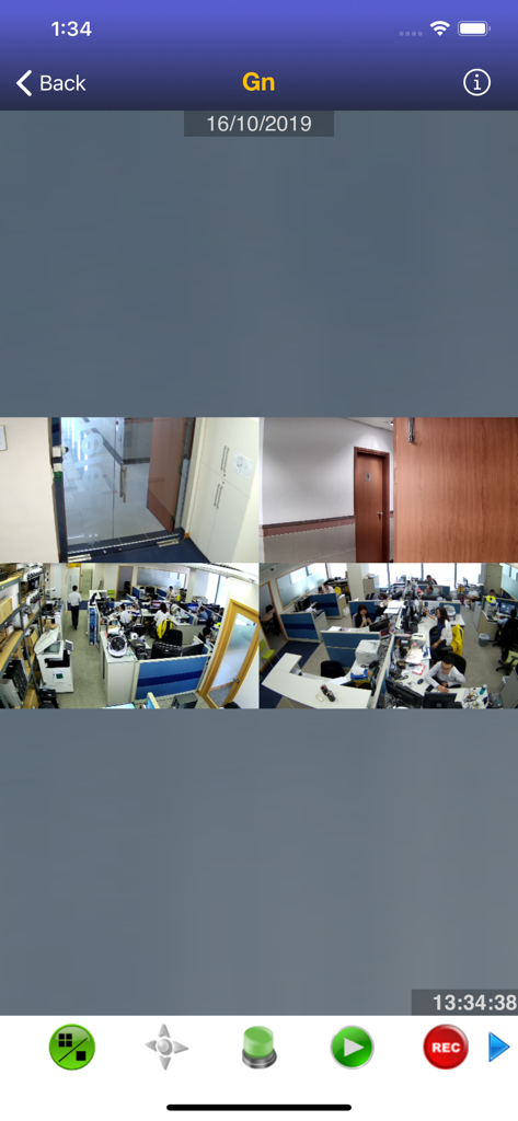 TeleEye iView-HD for iPhone - TeleEye iView-HD 앱에서 사무실 환경의 멀티 카메라 실시간 감시 보기.