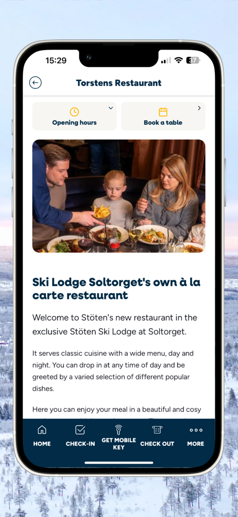 Stöten - Mobile app screen for Torstens Restaurant in Stoten Ski Lodge with a photo of a family dining and a table booking button