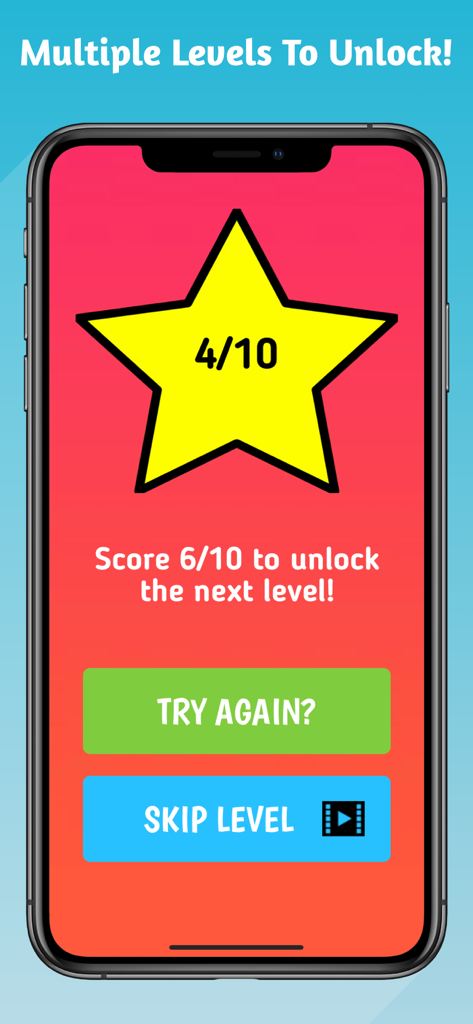 Anatomy and Physiology Quiz. - Score screen of Anatomy and Physiology Quiz app showing a 4 out of 10 score and level unlock requirements.