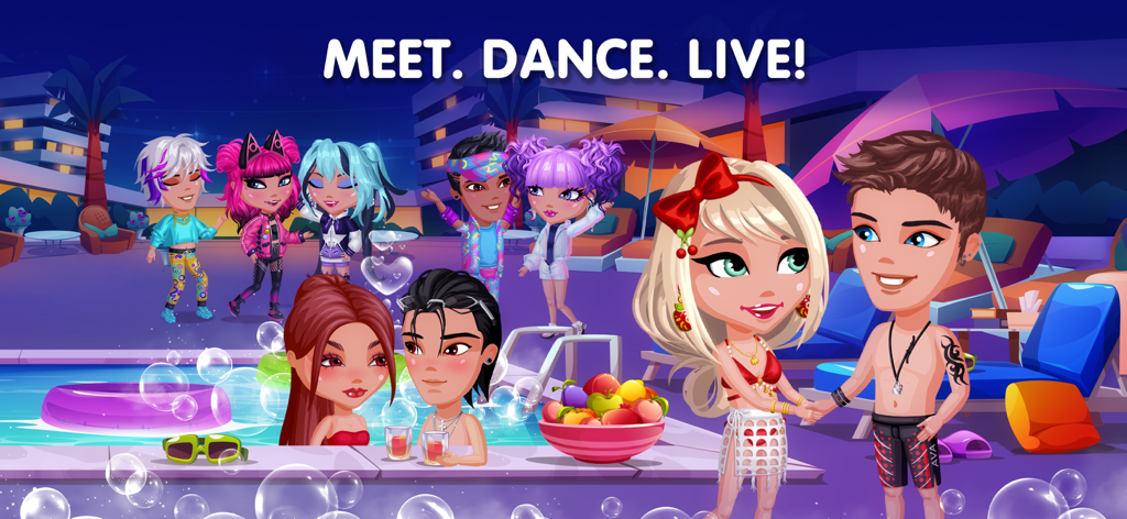 Avatar Life - love & bit gacha - Stilisierte Avatare genießen eine nächtliche Poolparty mit dem Slogan Triff Tanz Lebe