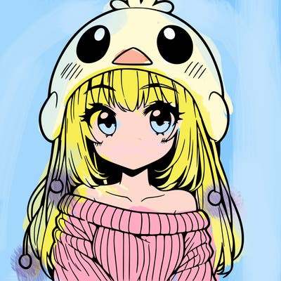 anime girl with chick shaped hat with sweater with bare shoulders with bangs covering them one eye with low tail