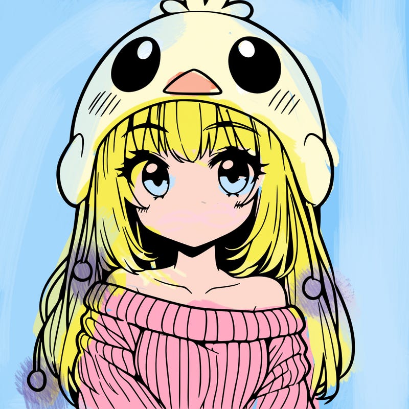 anime girl with chick shaped hat with sweater with bare shoulders with bangs covering them one eye with low tail