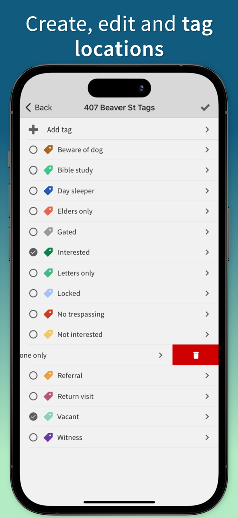 Pantalla de la aplicación Territory Helper que muestra una lista de etiquetas de ubicación personalizables como Estudió bíblico interesado y Cuidado con el perro para el servicio de campo